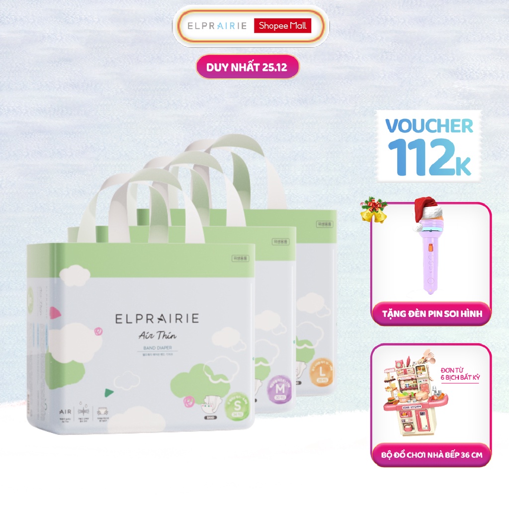 Tã/Bỉm Dán ELPRAIRIE Air Thin Nội Địa Hàn Siêu Mỏng Nhẹ Siêu Thấm Hút, Mềm Mại Chống Hăm S34/M30/L26 Cho Bé Từ NB-14Kg