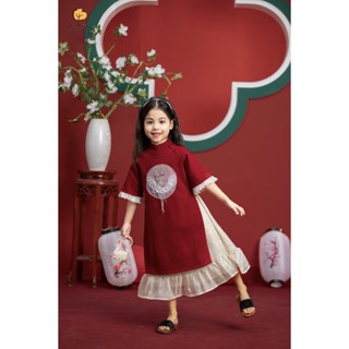 Set kèm chân váy Áo dài nhung bé gái LITIBABY phối tay loe size cho bé 10kg - 30kg