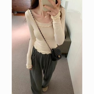 Áo Thun Tay Dài Cổ Vuông Xếp Ly Ôm Dáng Thời Trang Mùa Thu Cho Nữ