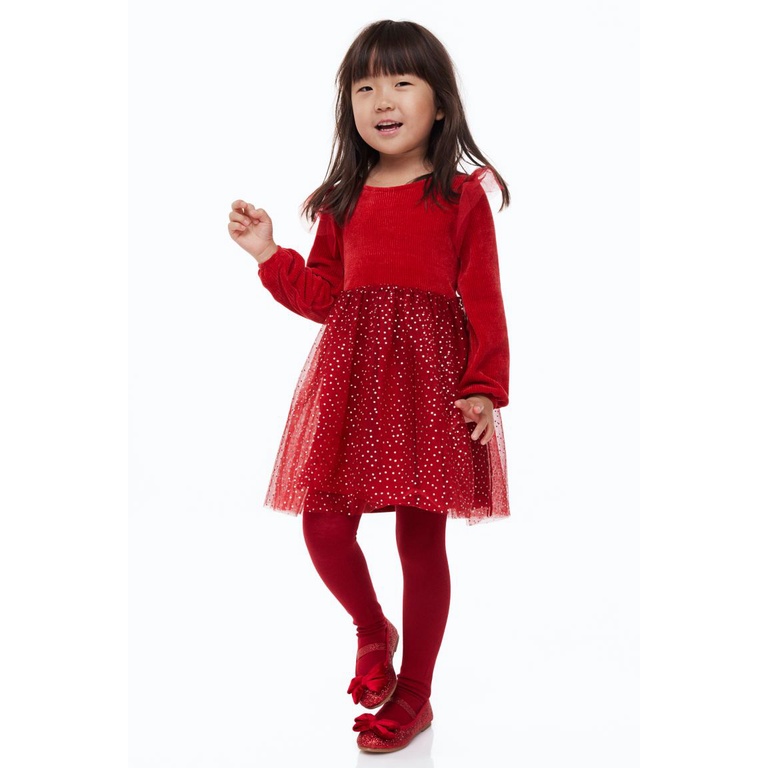 Đầm đỏ nhung tăm phối voan hàng H&M xuất