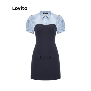 Đầm Lovito ghép nối màu sắc họa tiết sọc phong cách preppy cho nữ L56ED129 (Xanh Navy)