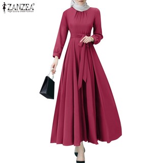 ZANZEA Đầm Dài Tay Cổ Tròn Màu Trơn Có Khóa Kéo Thời Trang Hàn Quốc Cho Nữ