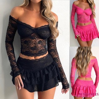 Demonlores-áo Crop top dài tay ren lệch vai Áo thun mùa xuân thu Slim Fit Áo thun