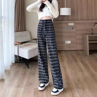 PEWARNA IKAT Quần Dài Nữ Ống Rộng Lưng Cao Họa Tiết Caro Thời Trang Hàn Quốc