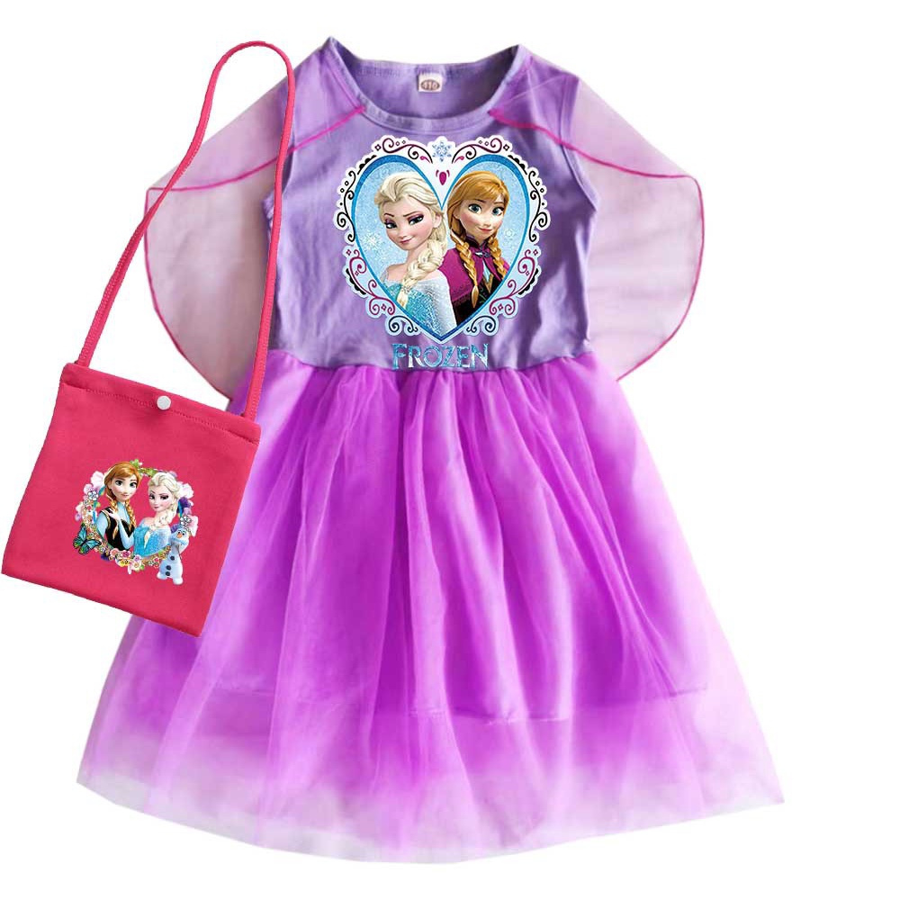 Bộ Đầm Không Tay + Áo Choàng Vải Tuyn + Túi 2 Món In Hoạt Hình frozen Dành Cho Bé Gái 2-12 Tuổi