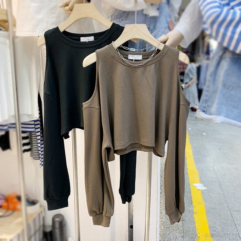 Áo Croptop Nữ Thun Tay Dài Cổ Tròn Hở Vai Thời Trang Thu Đông Mới Dành Cho Nữ