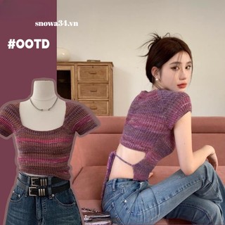 Áo Thun Dệt Kim Tay Ngắn Hở Lưng Họa Tiết Nhuộm Màu Quyến Rũ Cho Nữ
