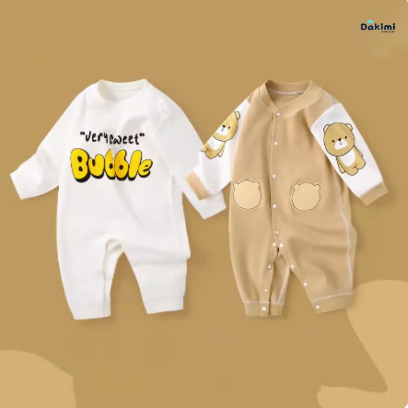 Bodysuit cho bé dài tay DAKIMI Hình Gấu dễ thương, Áo liền quần cho bé chất Cotton mềm mịn, quần áo sơ sinh cho bé 0-12M
