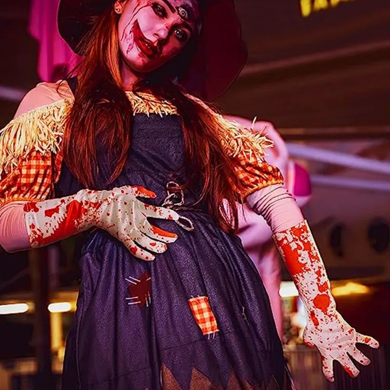 Set 2 Đôi Găng Tay / Vớ Cao In Hình Máu Kinh Dị Hóa Trang halloween
