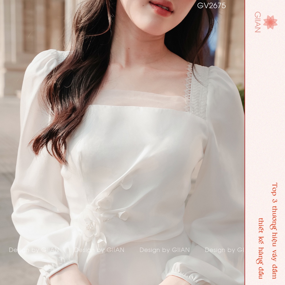 Váy dáng dài lụa trắng thiết kế nhún eo phối cổ vuông cách điệu thương hiệu Giian - VA0127