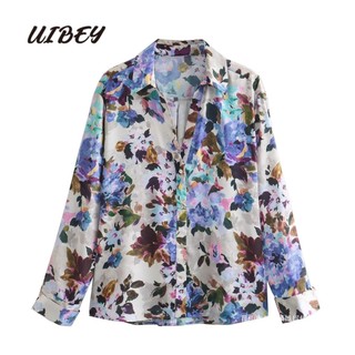 Uibey áo sơ mi lụa satin in hoa thời trang 9740