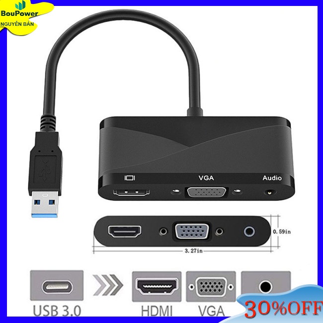 Boupower Bộ Chuyển Đổi hub 3 Trong 1 usb 3.0 Sang hd vga 1080p hd Tương Thích Với windows7 / 8 / 10 / 11 / os