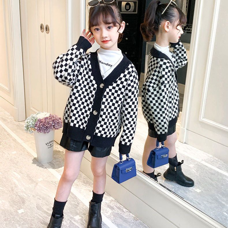 Áo Khoác cardigan Dệt Kim Sọc Ca Rô Đen Trắng Thời Trang Xuân Thu Cá Tính Dành Cho Bé