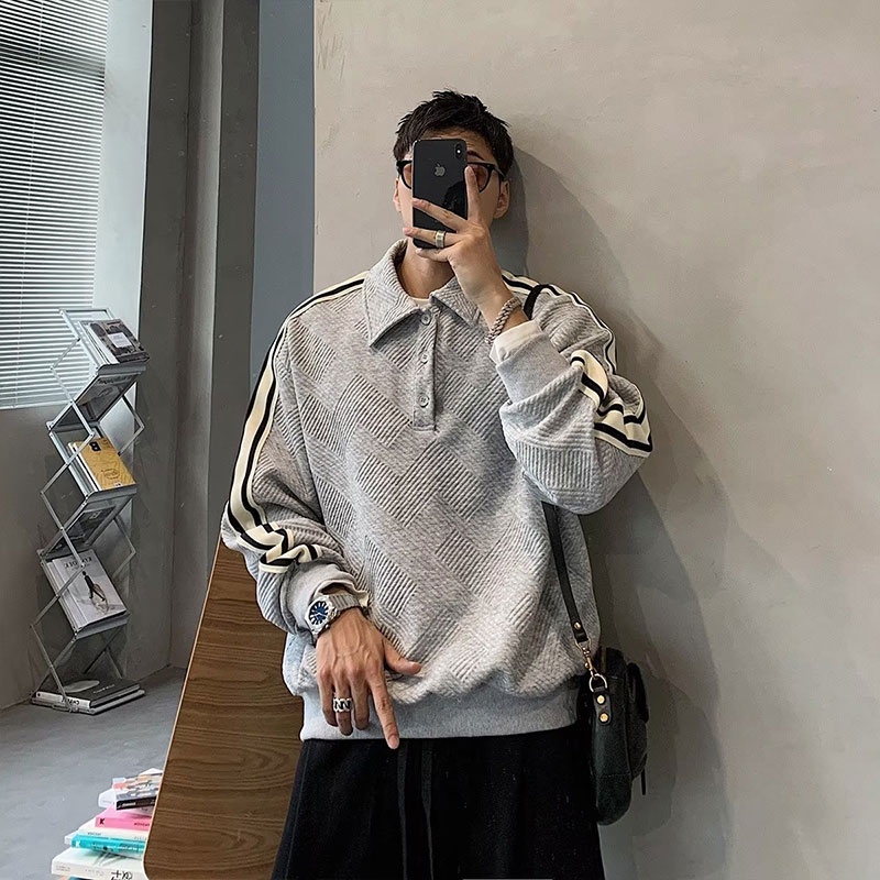 Áo sweater polo Dáng Rộng Họa Tiết Kẻ Sọc Màu Tương Phản Thời Trang Cho Nam