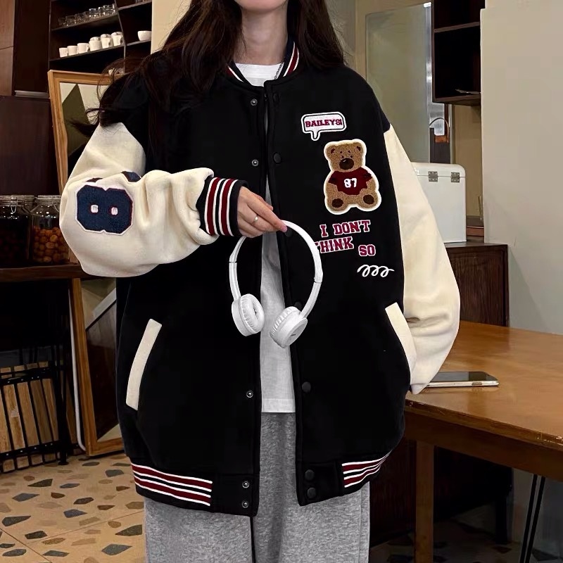 Áo khoác bomber varsity thêu hình gấu teddy , chất nỉ ấm áp phong cách cho cả nam và nữ EB014 Meme