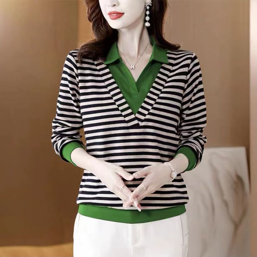 Áo Thun Tay Dài Giả Hai Lớp / Kẻ Sọc / Áo Thun Tay Dài Kiểu Hàn Quốc Thời Trang Mùa Thu Cho Phụ Nữ Trung Niên