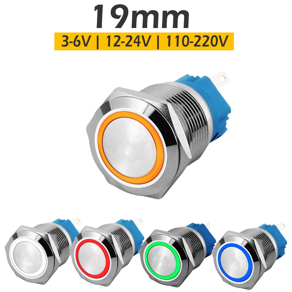 Nút công tắc nhấn nhả INOX 19mm có LED  Vỏ INOX không thấm nước