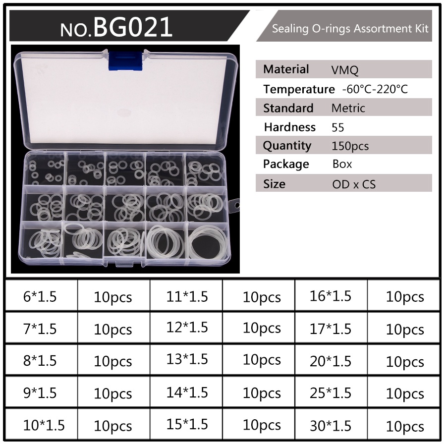 Set 150 Vòng Đệm silicone Chữ o Màu Trắng 6mm-30mm cs 1mm 1.5mm 1.9mm 2.4mm bg020-021 - 022-023