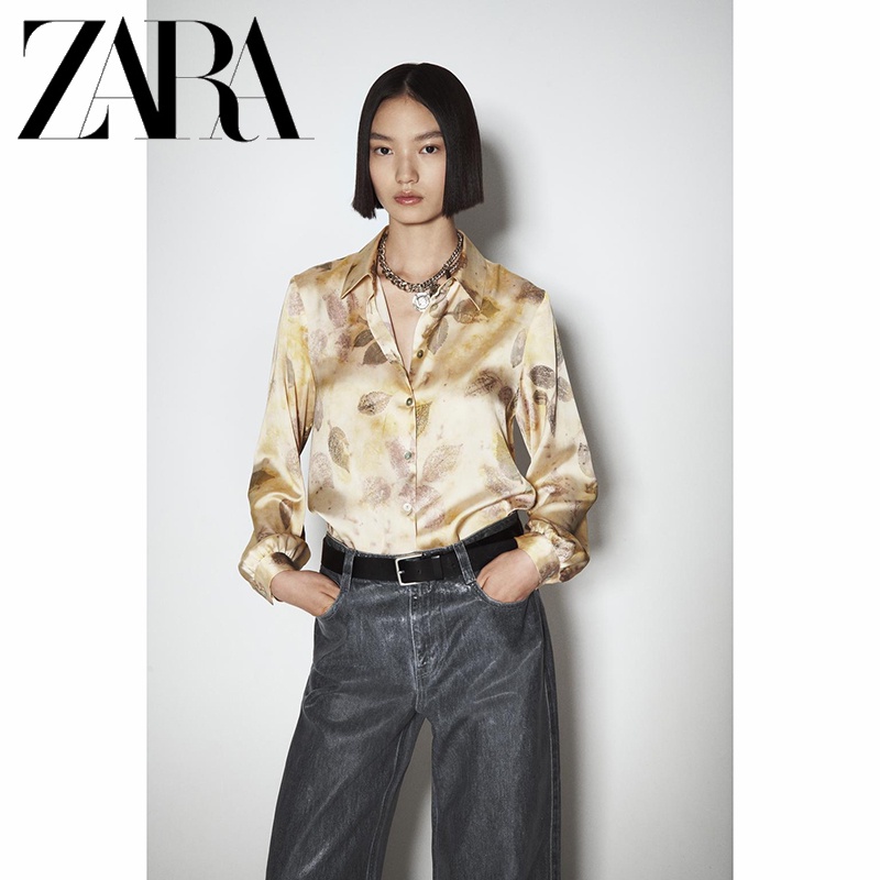 Zara Áo Sơ Mi Vải Lụa satin In Họa Tiết Thời Trang Mùa Thu Cho Nữ