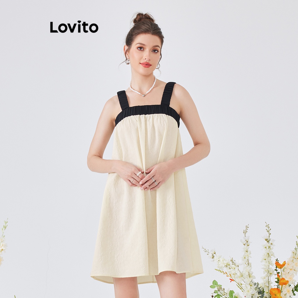 Đầm Lovito phong cách dễ thương màu trơn phối viền tương phản xếp nếp dành cho nữ L54ED105