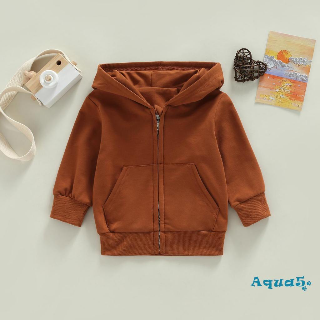 Aqua-áo Khoác Tay Dài Có Nón Màu Trơn Khóa Kéo Cho Bé Trai Bé Gái