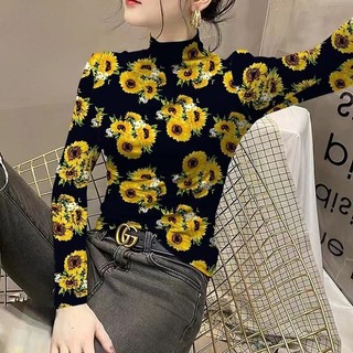 Thời trang / mùa thu / nữ / áo thun cổ lọ tay dài / mỏng / in / áo thun
