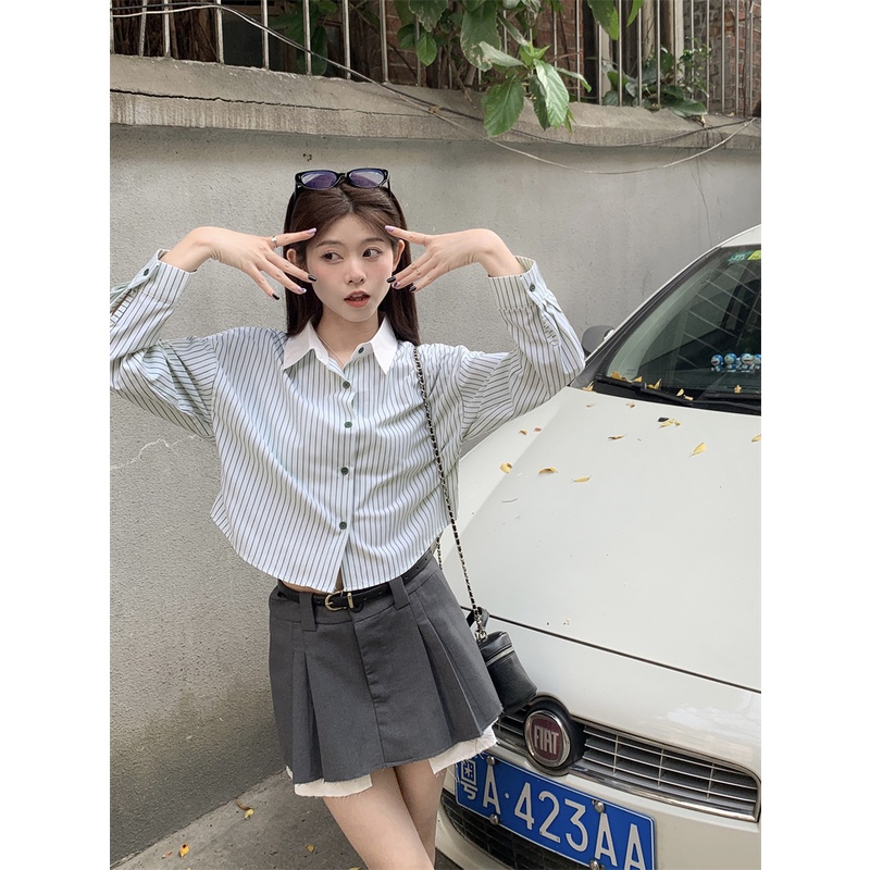 Mới Áo Sơ Mi Tay Dài Phối Màu Tương Phản Thời Trang Cho Nữ