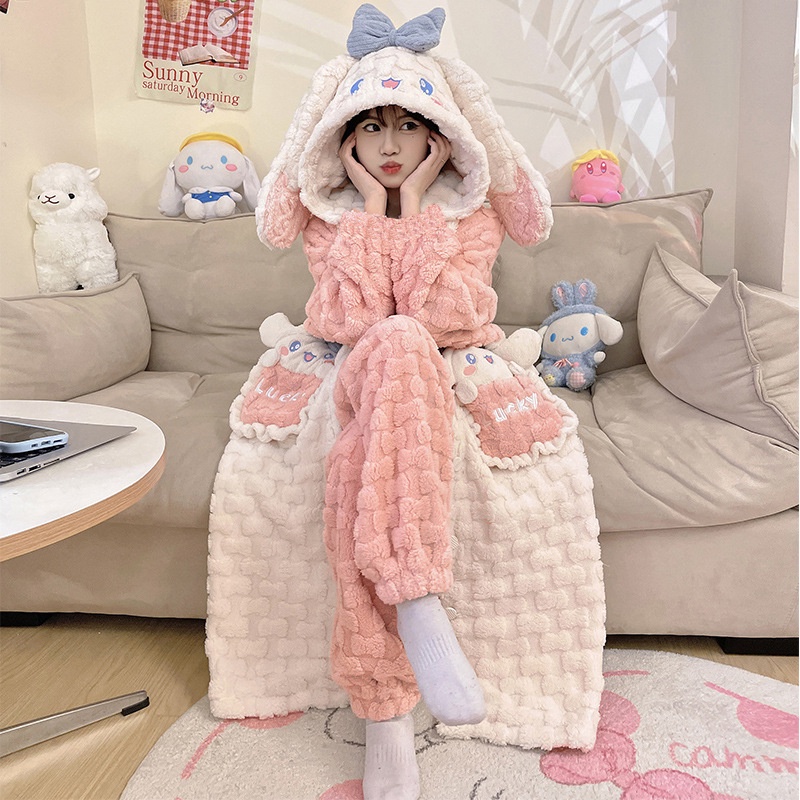 Áo Choàng Ngủ Dáng Dài Chất Nỉ Dày Dặn In Họa Tiết Hoạt Hình Dễ Thương Thời Trang Thu Đông Cho Nữ