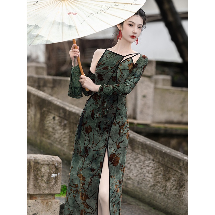 Đầm Sườn Xám Cách Tân Hai Dây Phong Cách Trung Hoa Mới Cao Cấp Cho Nữ