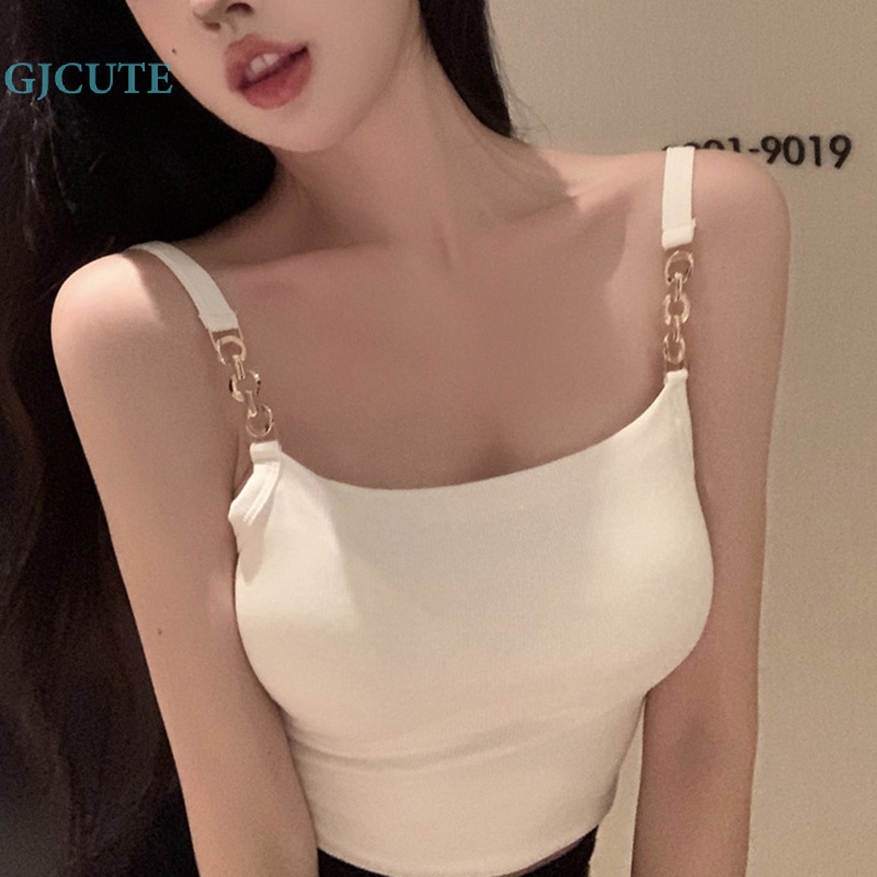 Gjcute Áo Hai Dây Mỏng Mùa Hè Có Đệm Ngực Màu Trơn Phối Dây Xích hottie Cho Nữ wtd