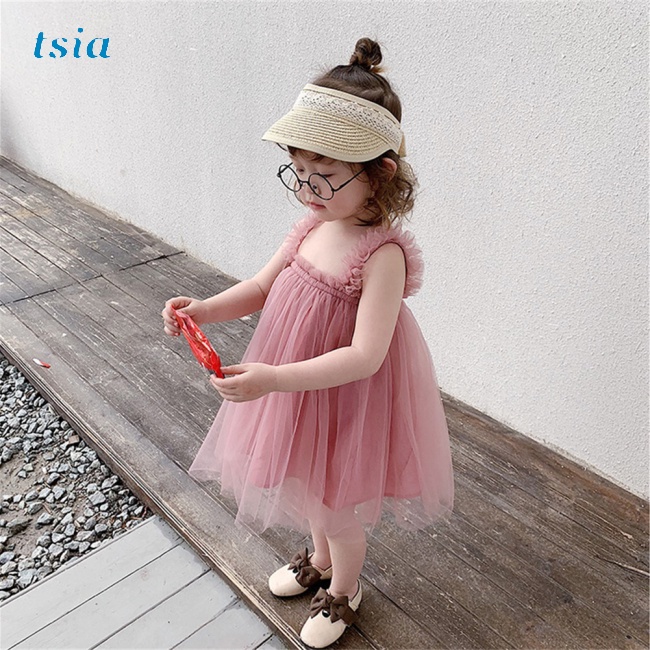 Đầm cotton Hai Dây Phối Lưới Xinh Xắn Dành Cho Bé Gái 0-3 Tuổi