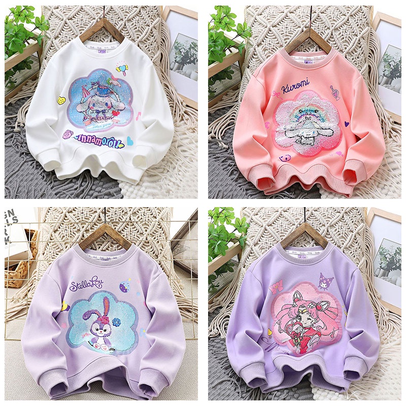 Catimini Áo len đính sequin thay đổi khuôn mặt cho trẻ em Áo dài tay Sanrio phong cách giản dị mùa xuân và mùa thu