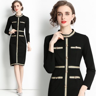 Đầm ôm Tay Dài Cổ Tròn Cài Khuy Nhấn Eo Cao Thời Trang Thu Đông Phong Cách vintage Thanh Lịch