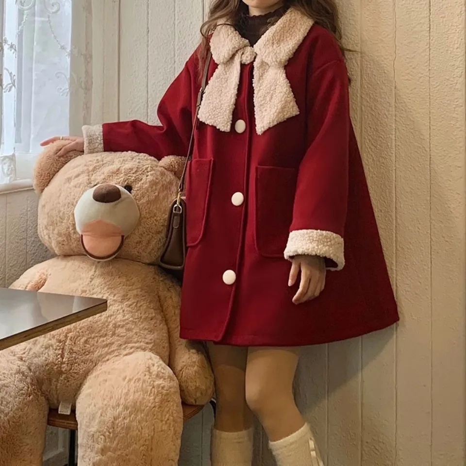 Sugemiusi Áo Khoác Len Lông Cừu Cổ Búp Bê Thắt Nơ Phong Cách Giáng Sinh Năm Mới