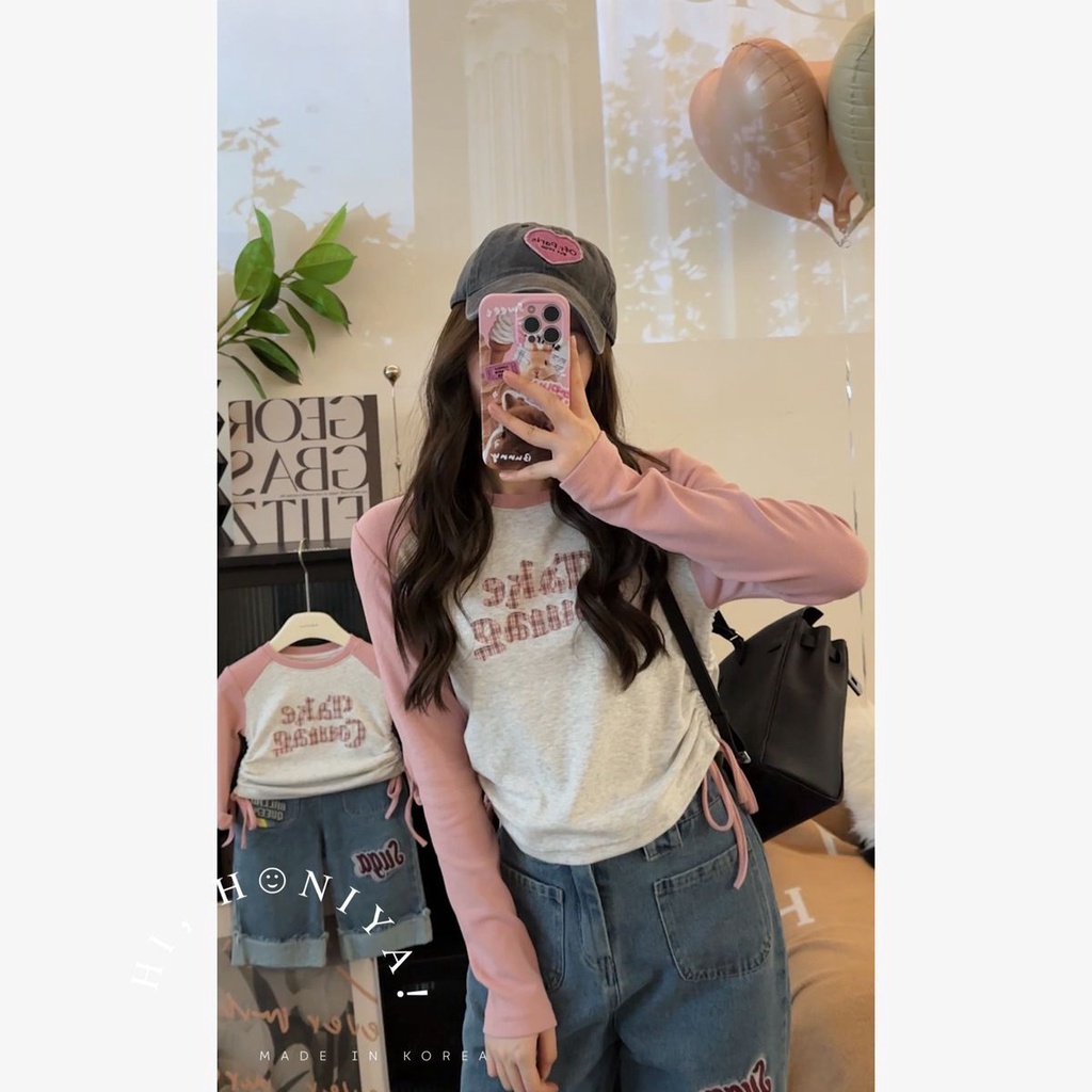 Áo Thun Dài Tay Phối Dây Rút Thời Trang Mùa Thu 2023 Dành Cho Bé Gái