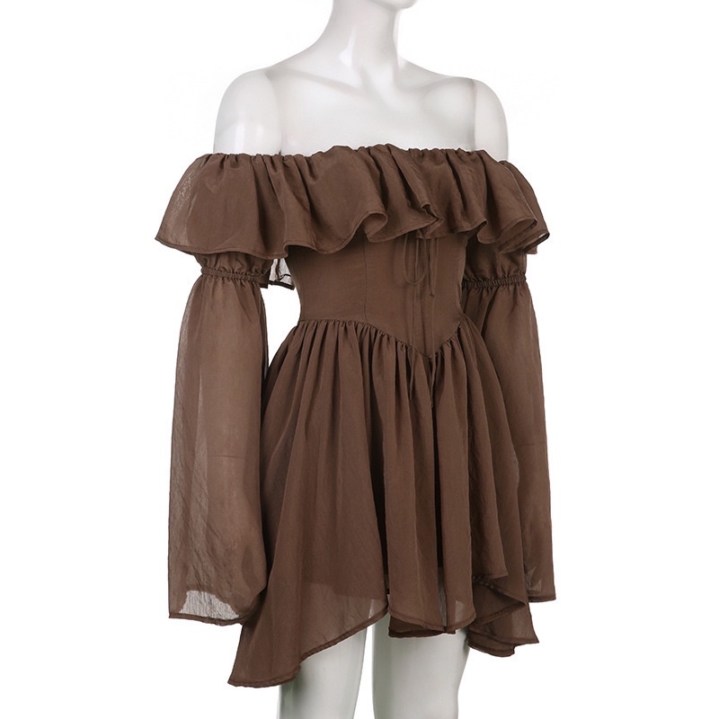 Đầm Váy Corset, Váy Tay Rũ Xoè Nhẹ, Váy Trễ Vai Màu Nâu Phù Hợp Đi Chơi, Đi Học, Đi Làm, Dự Tiệc
