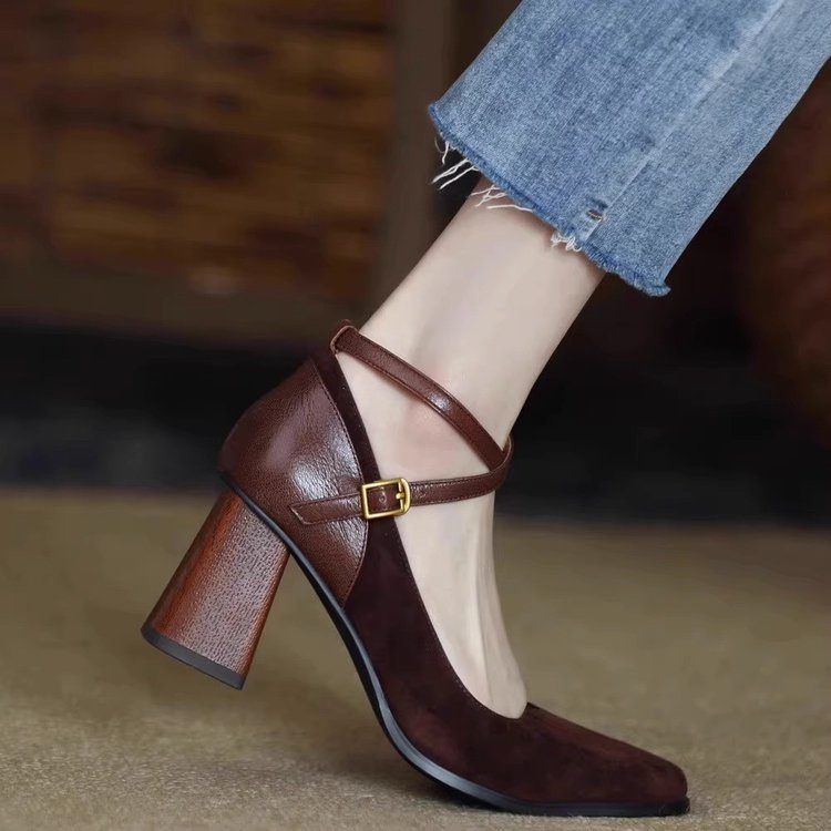 Giày Cao Gót Da Lộn Mũi Vuông Thời Trang Cho Nữ size 34-39