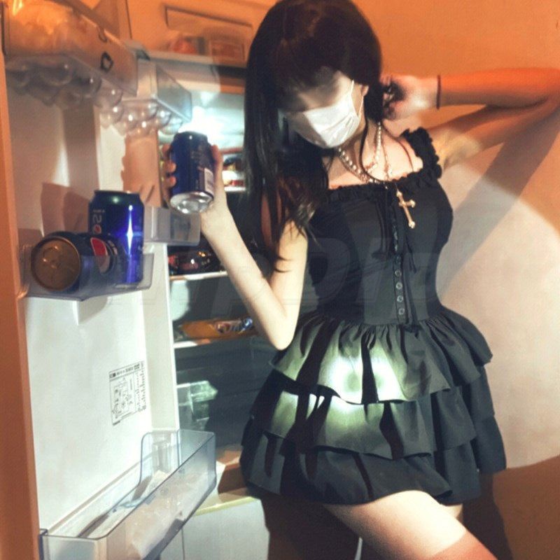 Váy BabyDoll Đầm dự tiệc Charm Đầm Hai Dây Một Tầng Hở Vai Màu Trơn Phong Cách Nhẹ Nhàng retro Mùa Hè