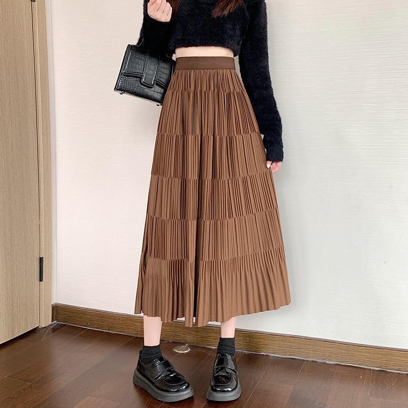 Chân Váy Chữ a Lưng Cao Xếp Ly Màu Trơn Thêu Họa Tiết Phong Cách Hàn Quốc Thời Trang Thu Đông Cho Nữ