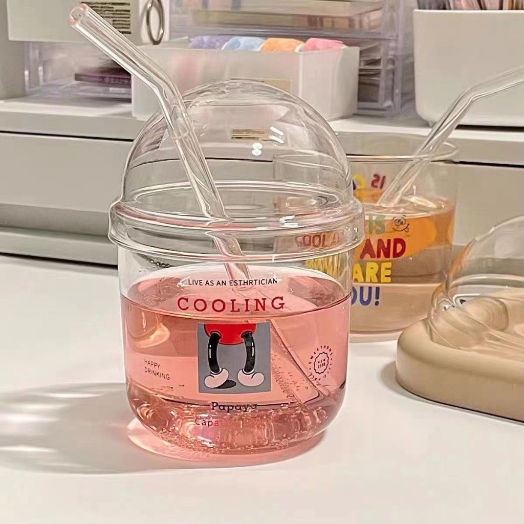 Bình Nước Thủy Tinh Cỡ Lớn Có Nắp Và Ống Hút Họa Tiết Hoạt Hình Dễ Thương Cho Bé Gái