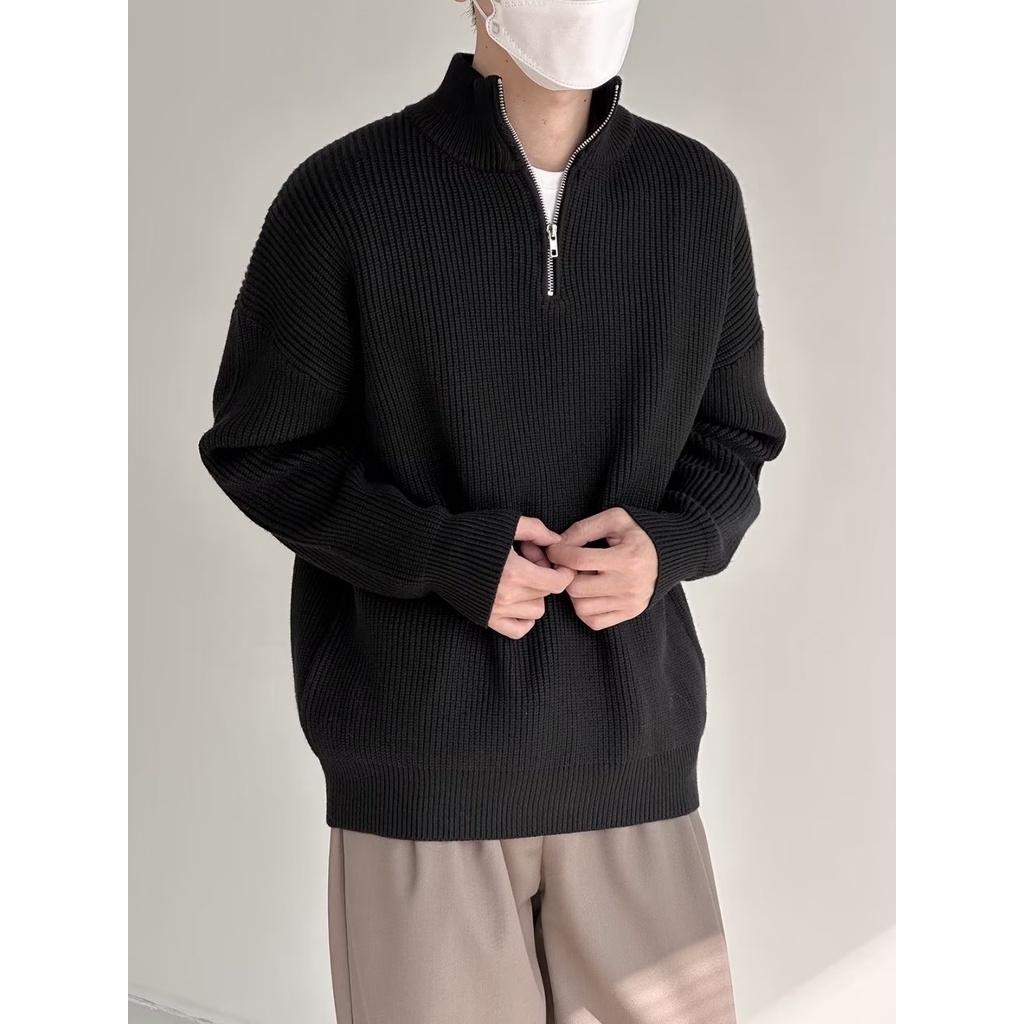 Áo sweater Dệt Kim Cổ Đứng Dáng Rộng Phối Khóa Kéo Kiểu Mỹ Thời Trang Mùa Thu Cho Nam