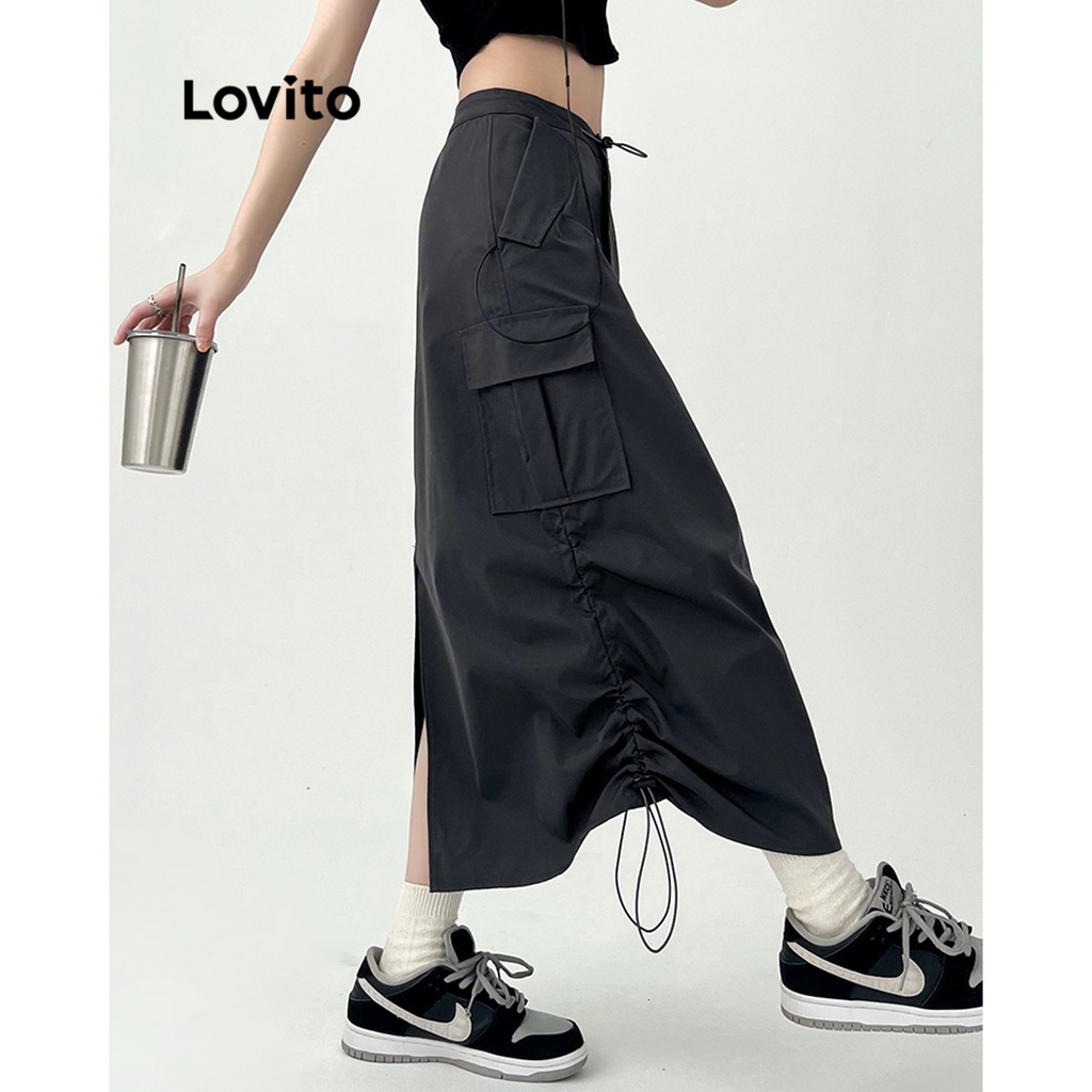 Chân váy Lovito có túi phối dây rút màu trơn thường ngày cho nữ LNA18047