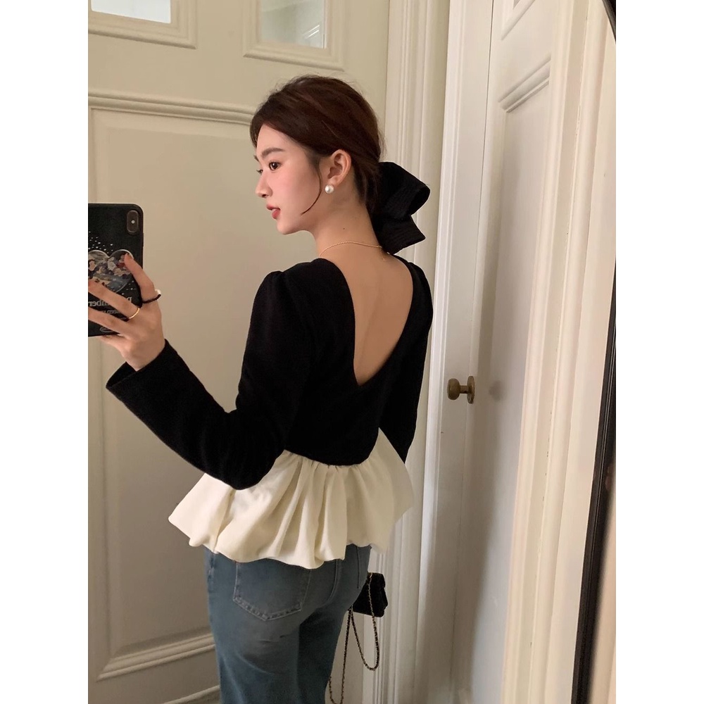 Áo Sơ Mi Dài Tay Cổ Tròn Phối Màu Tương Phản Phong Cách retro Hàn Quốc Thời Trang Mùa Thu Cho Nữ