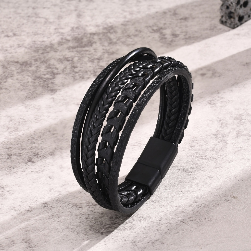 Vnox Vòng Tay Da Nhiều Lớp Màu Đen Thời Trang Cho Nam