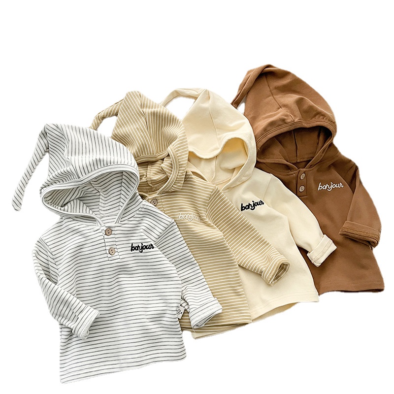 Áo Hoodie Tay Dài Kẻ Sọc Màu Trơn Thêu Chữ Thời Trang Mùa Thu Cho Bé Trai 1-3 Tuổi