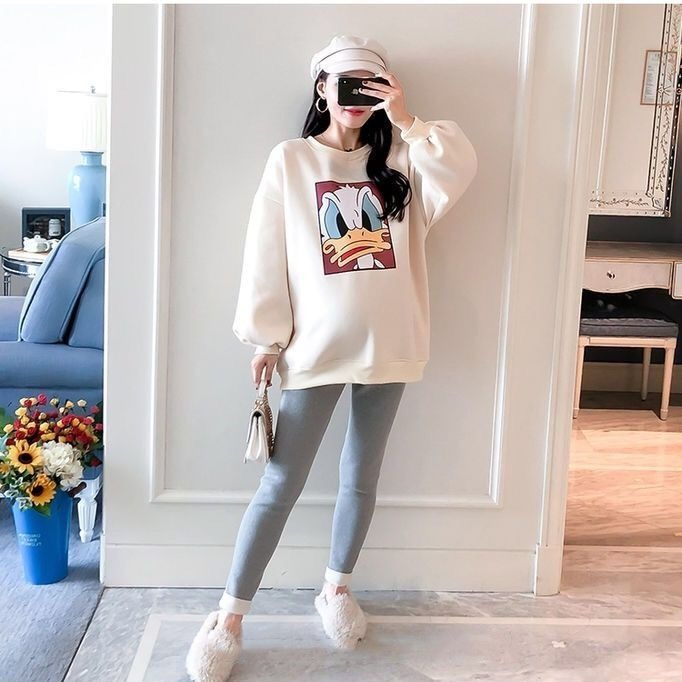 Áo sweater Mỏng Dáng Rộng Cổ Tròn In Hoạt Hình Kiểu Phương Tây Thời Trang Mùa Thu 2023 plus Cho Mẹ Bầu