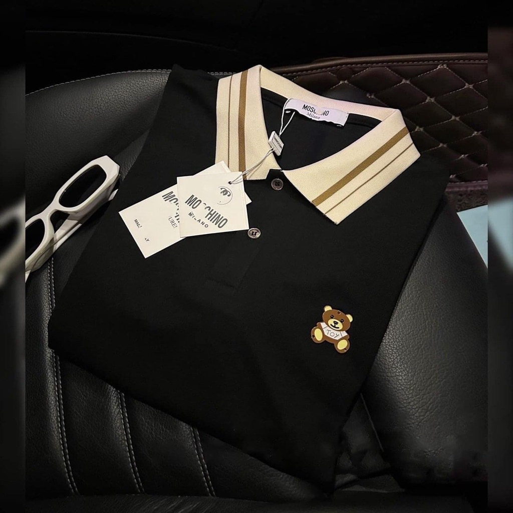 Áo polo thêu gấu TOY đen be, áo polo thêu gấu nữ