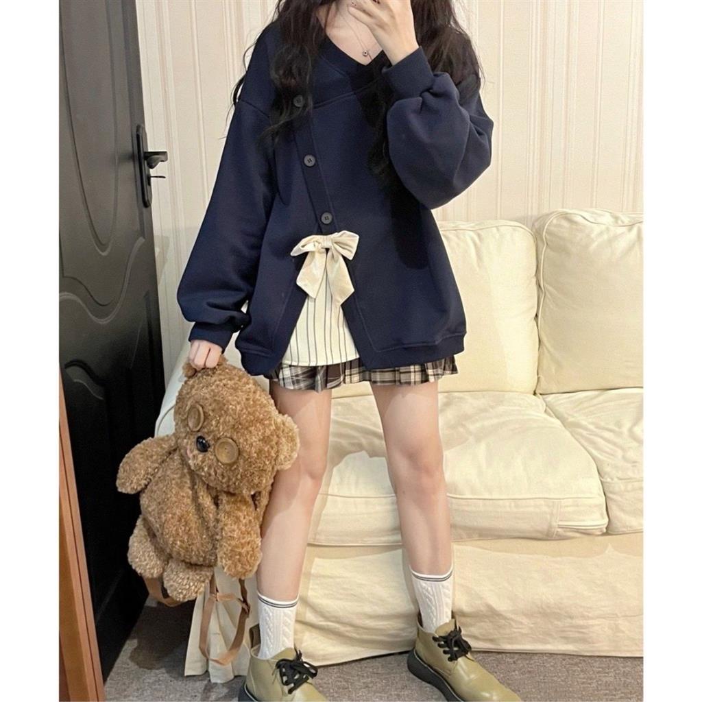 Áo sweater Dáng Rộng Mềm Mại Phối Màu Tương Phản Đính Nơ Kiểu Nhật Hàn Thời Trang Mùa Thu Cho Bạn Gái