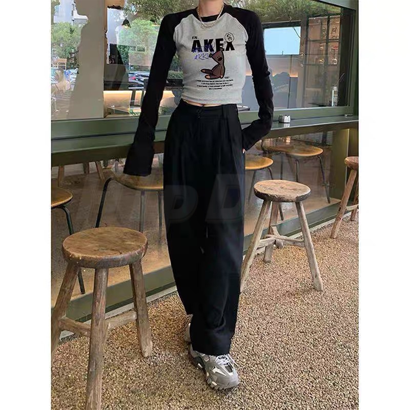 Áo baby tee  Áo Thun Tay Dài Áo croptop tay dài Cổ Tròn Dáng Ôm Phong Cách retro Mỹ Thời Trang Thu Đông Cho Nữ