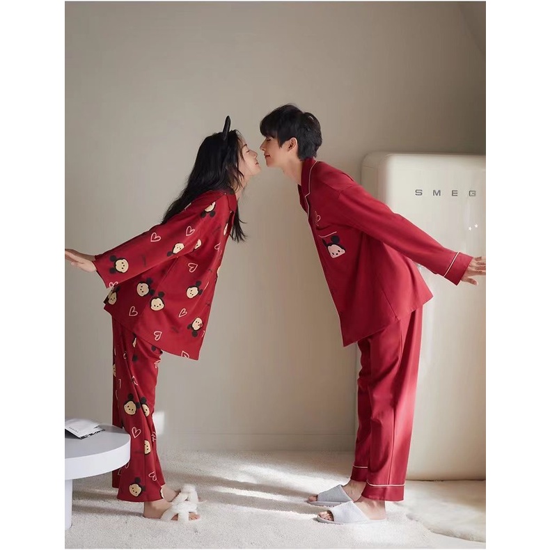 Bộ Đồ Ngủ cotton Tay Dài Màu Đỏ Thời Trang Xuân Thu 2023 Dành Cho Cặp Đôi